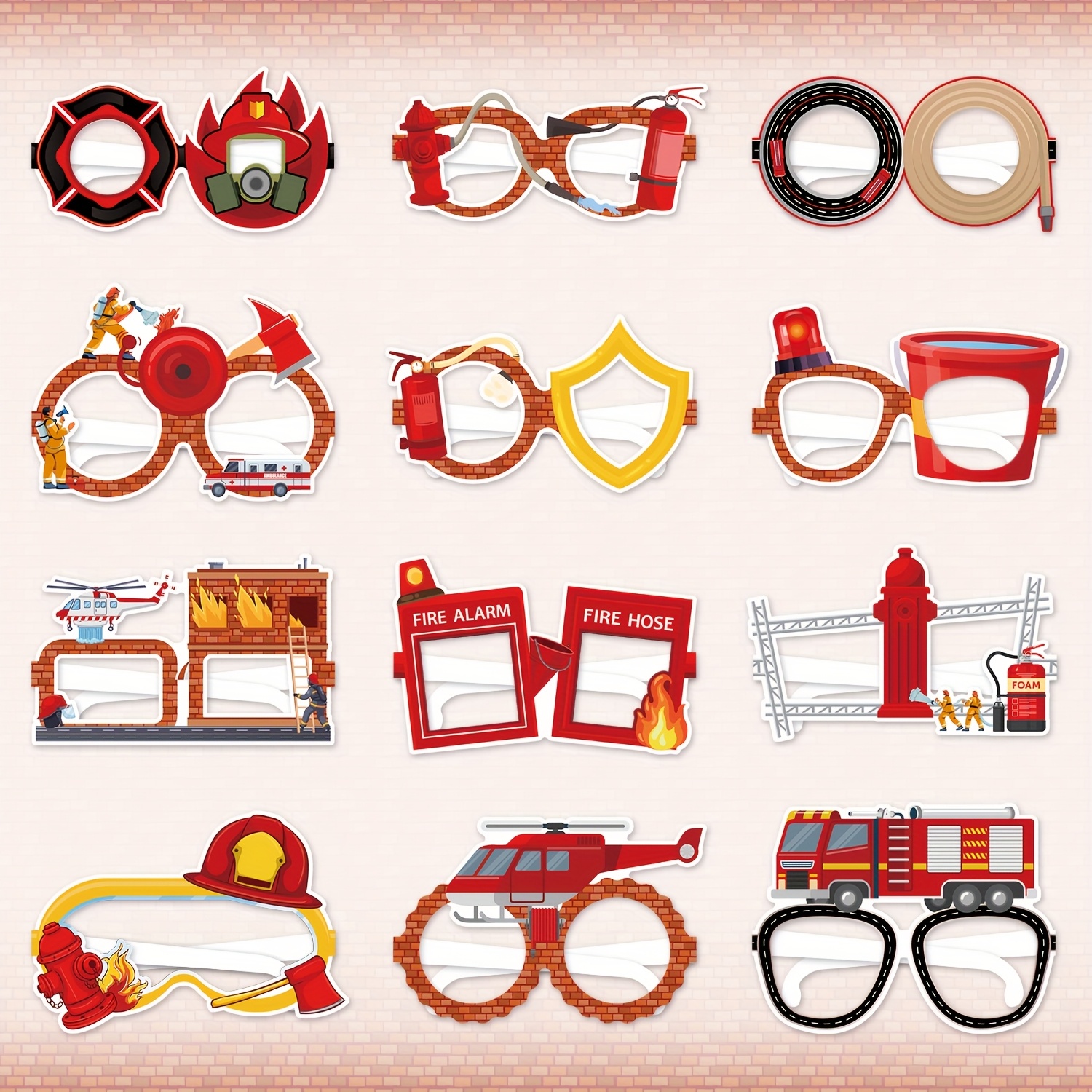 Set Of 12 Firefighter-themed Paper Glasses Featuring Fire Trucks, Perfect For Birthday Party Favors, Decorations, And Photo Booth Props For Adults, As Well As For Fire And Suppression Photography