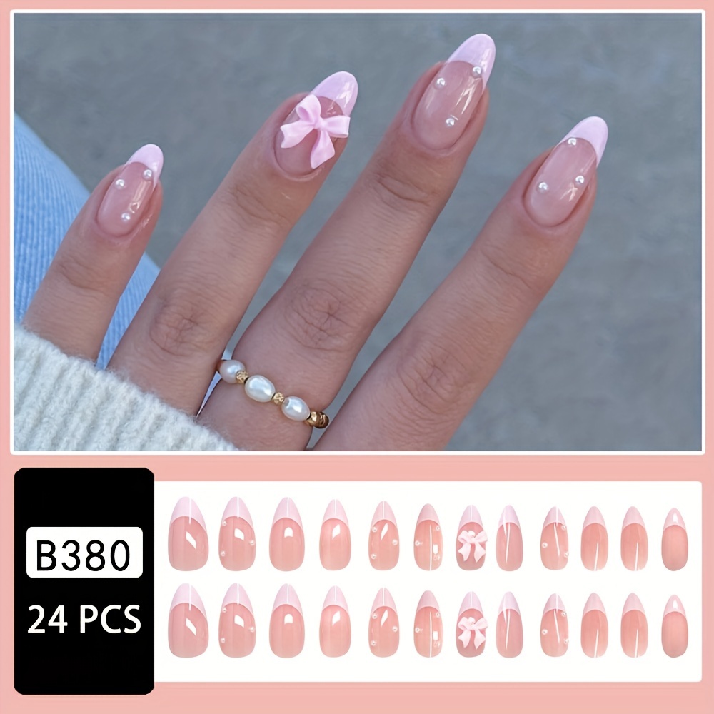 Show Your Beauty 24pcs Almond-shaped Press-on Nails, Simple, Elegant, , And Cute, With And 3d Pink Bows, Glossy Finish, Fashionable And Versatile, Suitable For Women And, Removable