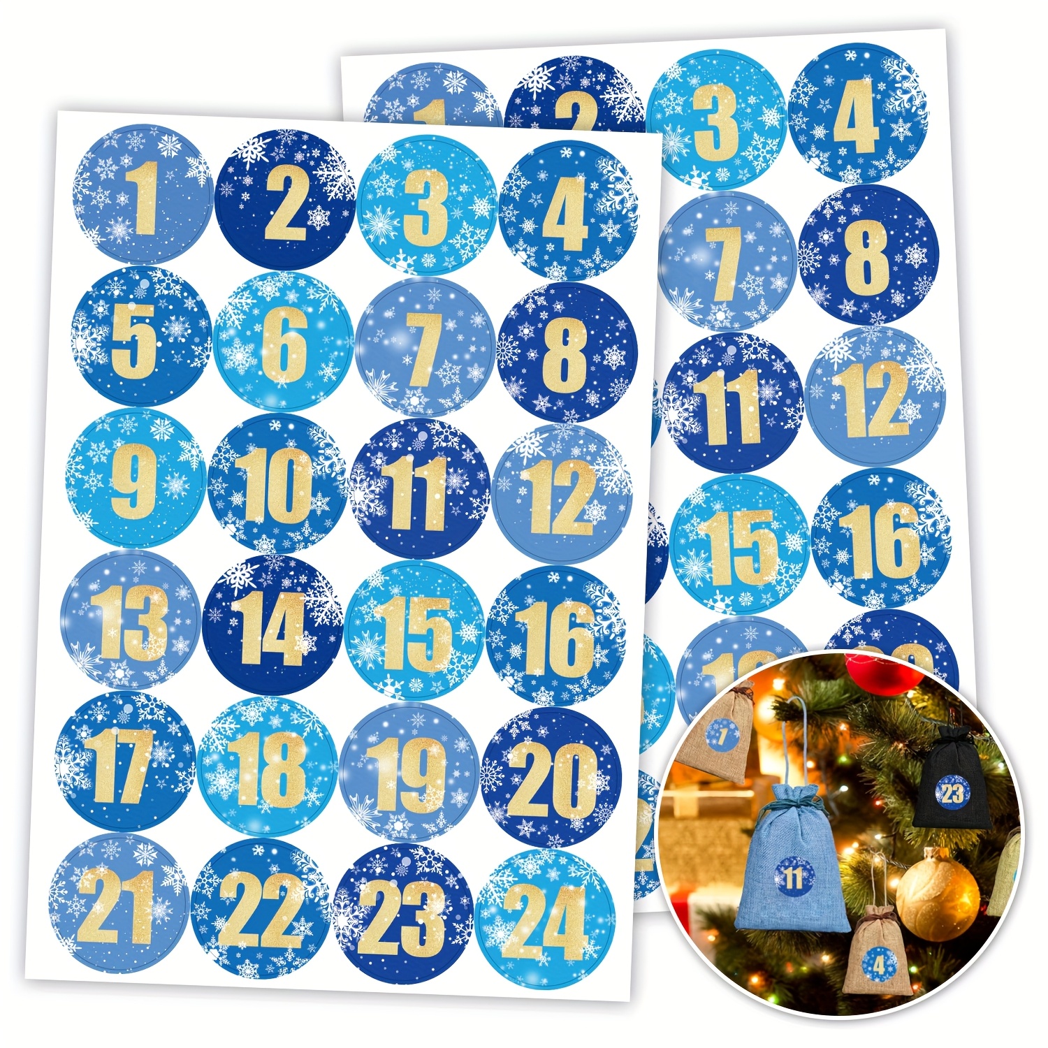 TEMU 48pcs Of Christmas Countdown Calendar Number Stickers With Blue Snowflakes And , Suitable For Circular Labels Numbered 1-24 For Christmas