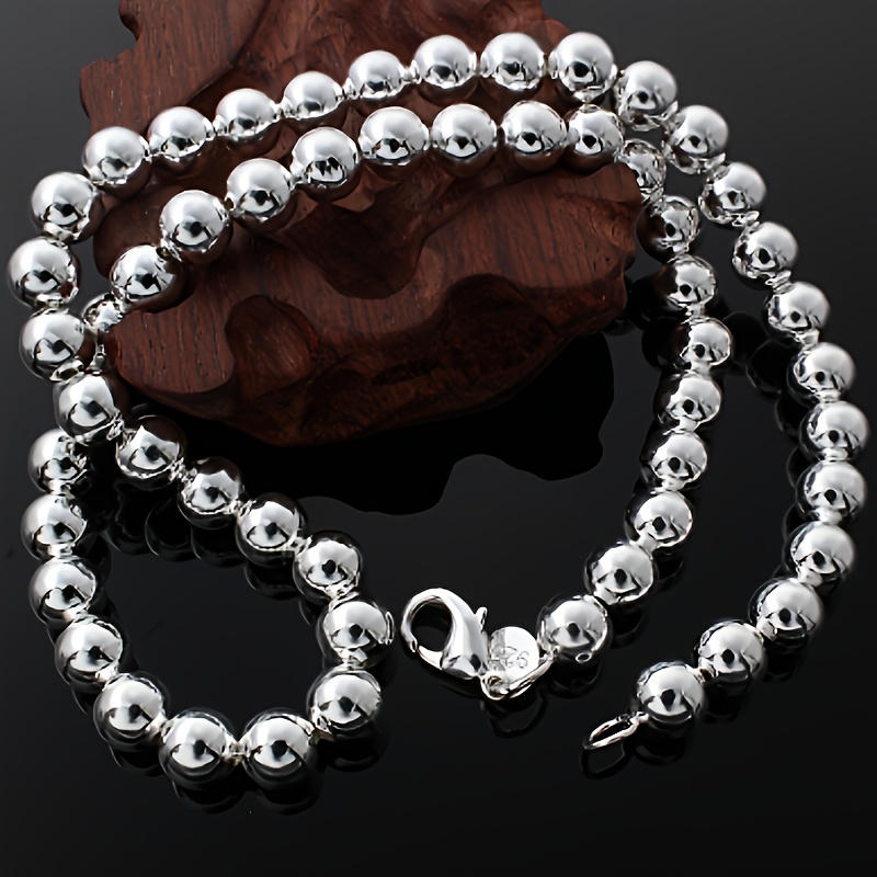 8mm 925 Sterling Silver Bead Necklace, Vintage Boho Style