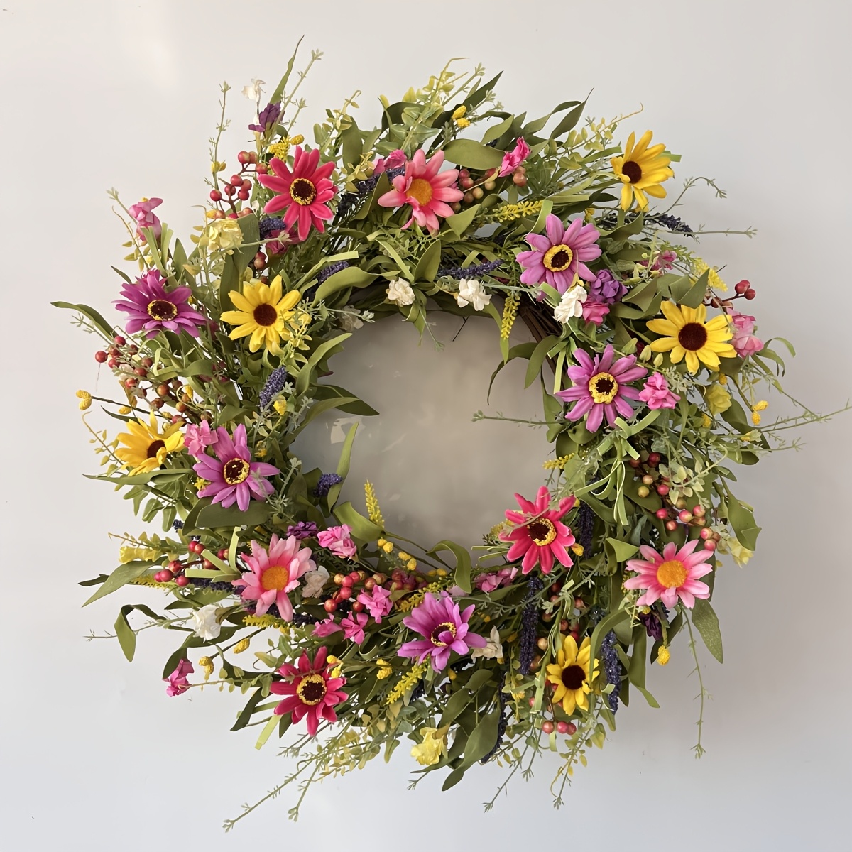 Image of 60 Cm Spring Large Wreath Cloth Simulation Colorful Daisy Leaf Berry Wreath Handmade Wreath Decoration Courtyard Decoration Door Wreath Country Farmhouse Style Large Wreath