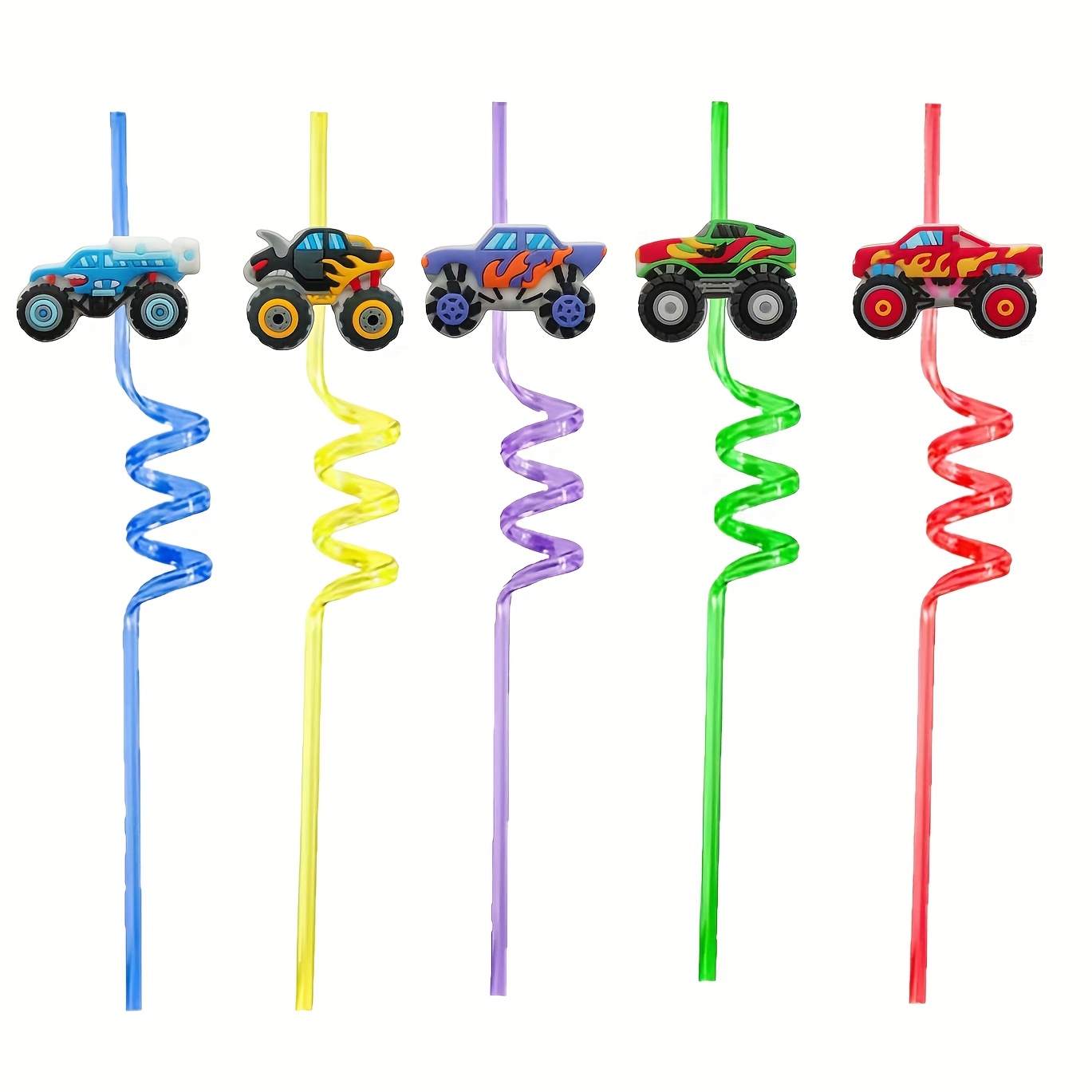 Image of Of 5 Drink Straws Designed For Off-road Vehicle Themed Parties - Reusable Spiral Straws Feature A Monster Truck Design And Are Made From Food-safe Plastic, Ideal For Birthdays, Holidays