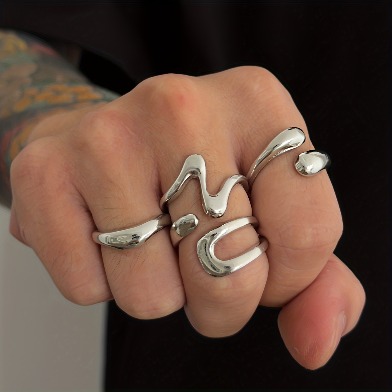 TEMU 4pcs Fashionable High-end Versatile Men's Ring Set, Z-shaped Double-layer Teardrop Joint Ring, Adjustable Ring, Fashion Accessory, Gift For