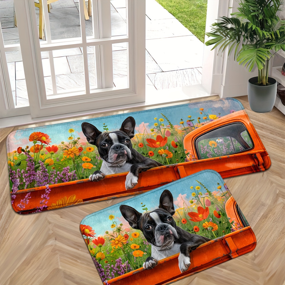 

welcoming Paws" Boston Terrier & Wild Flowers Door Mat Set - Non-slip, Washable Entrance Mats For Kitchen, Bathroom, Laundry Room - Durable Polyester Runner Rugs