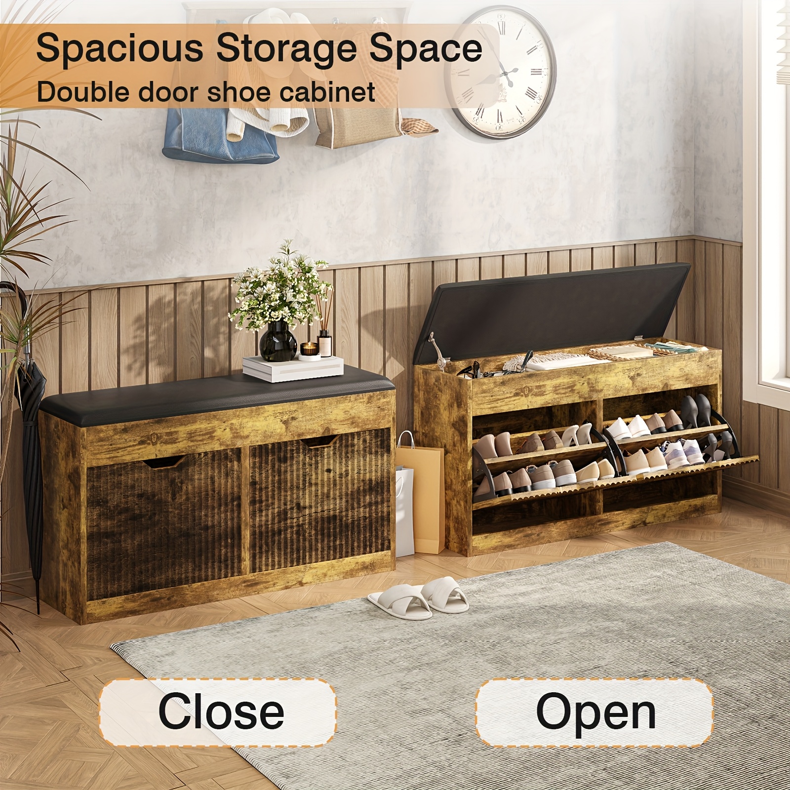 rustic pine shoe storage bench cushioned seat tier Temu