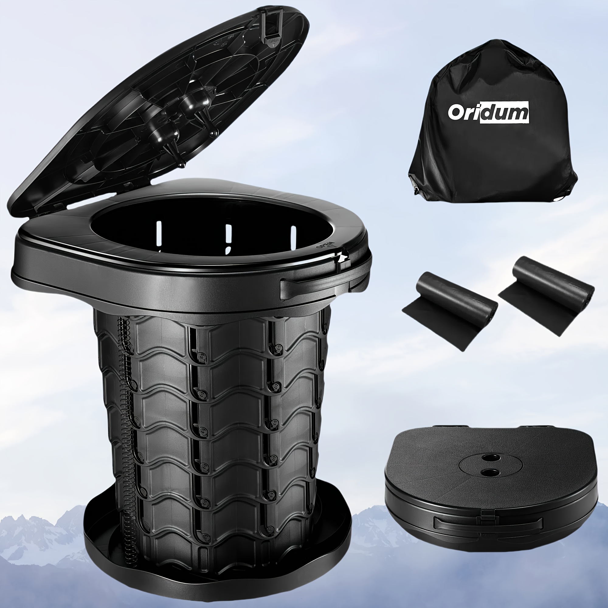 TEMU Portable Retractable Rv Camping Toilet- Pp Material Outdoor Commode With 2 Rolls Of Waste Bag And 1 Storage Bag For Camping, Travel, Boating, Rv