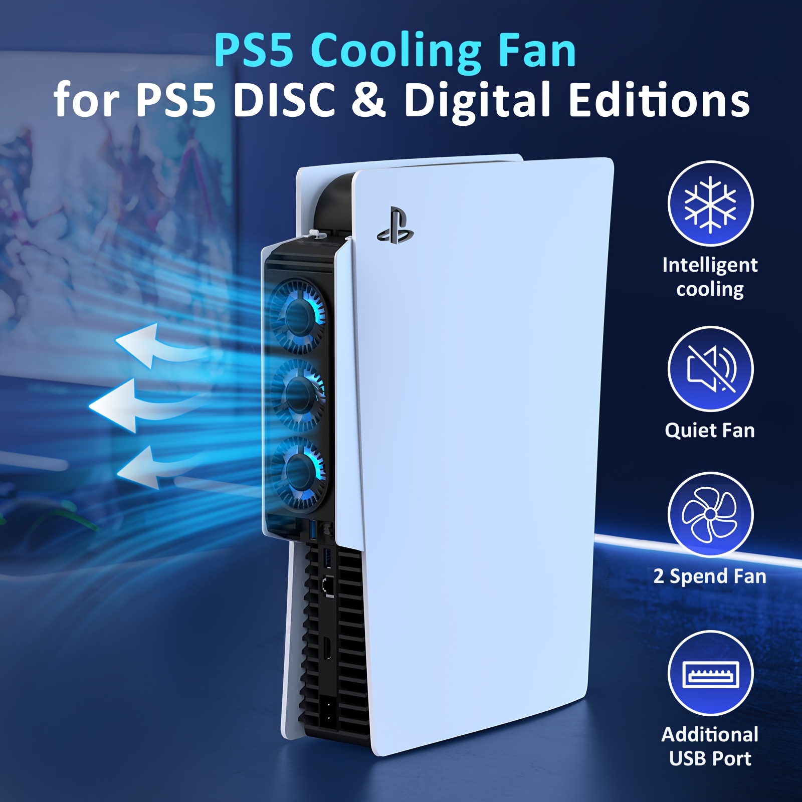 

For Ps5 Temperature-controlled Cooling Fan Upgraded Cooler Fan With Usb3.0 Hubs Compatible With Ps5 Disc & Digital Version High Quality High Efficiency Cooling System Led Light