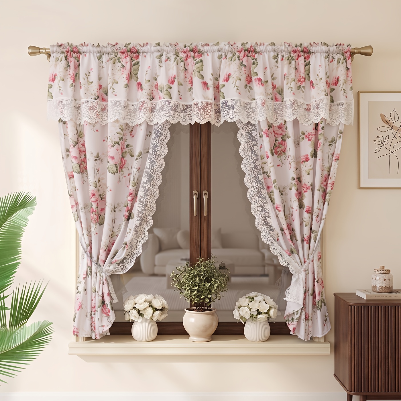 TEMU Pink Rose Floral Curtain Set With Lace Valance Rod Pocket Farmhouse Shabby Chic Window For Bedroom Living Room Room Romantic Vintage Decorative