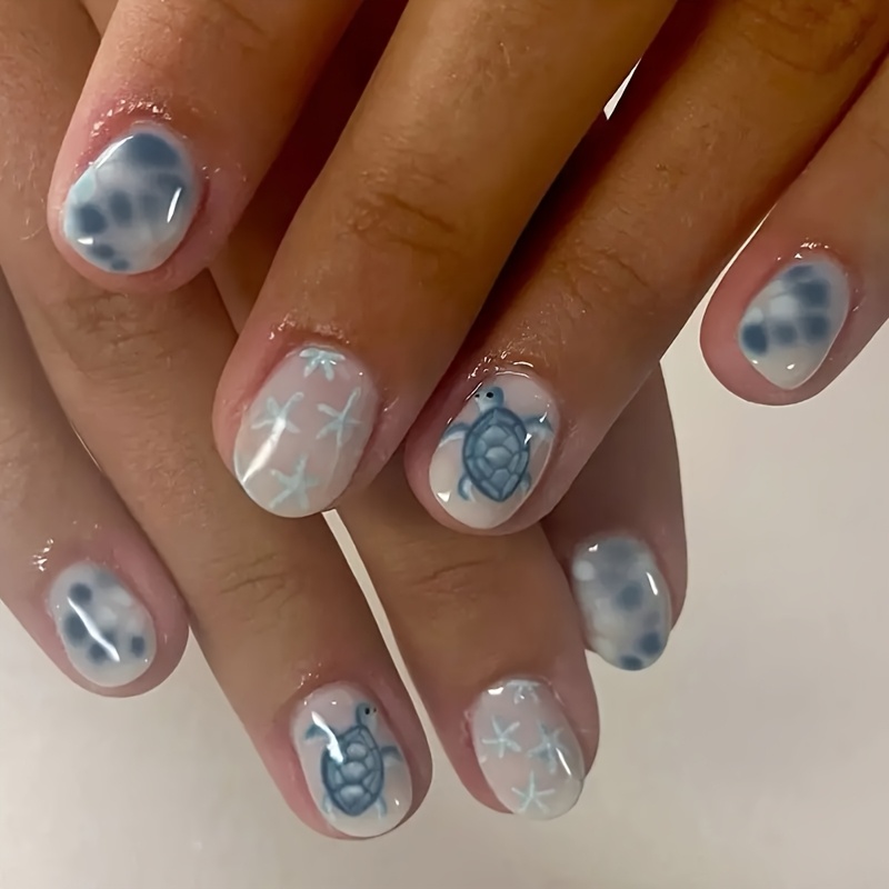 24pcs Short Square Press-on Nails With Shell And Starfish Design, Turtle & Ocean Theme | Beach Nail Art | Glossy Finish With Jelly Glue Accessories