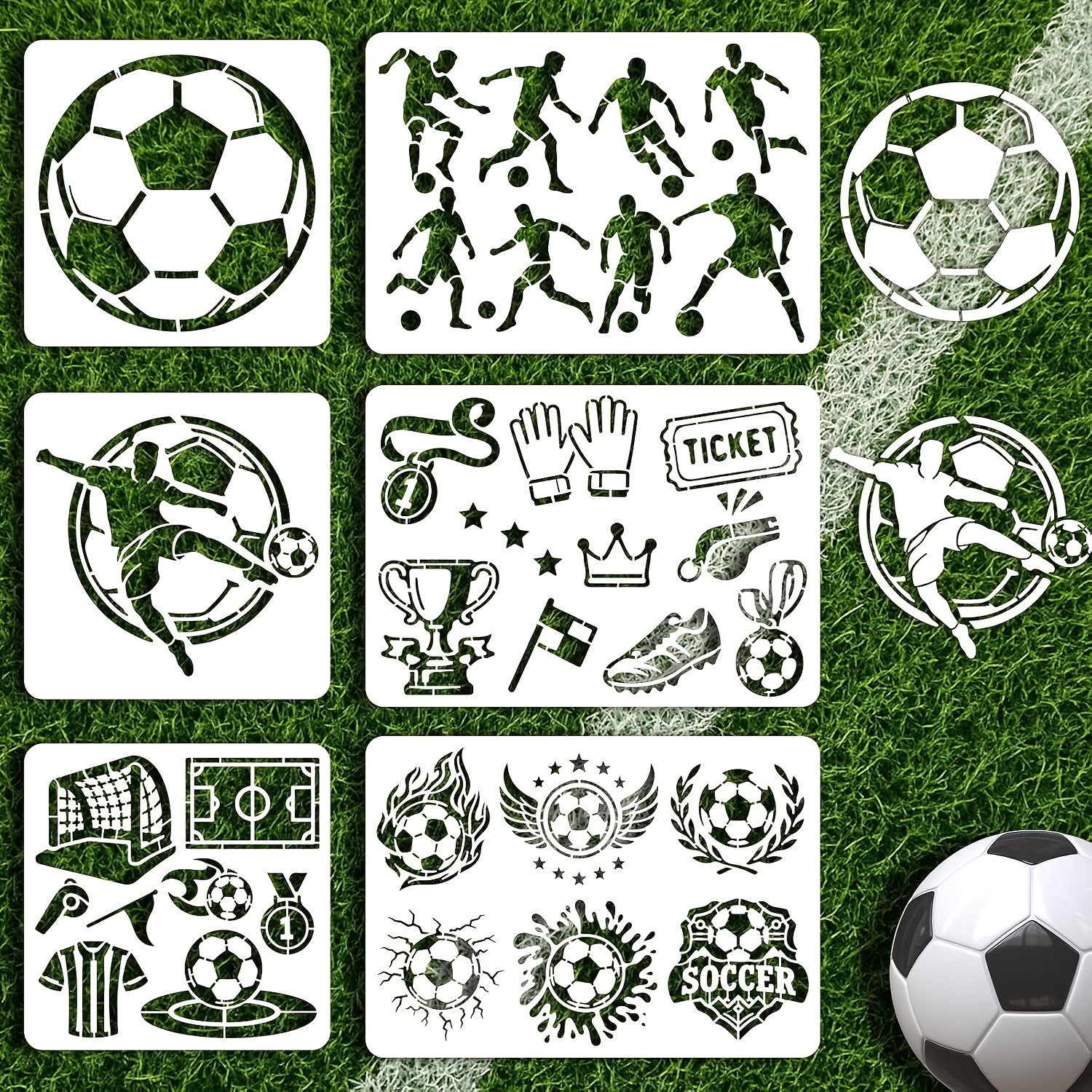 Image of 6pcs Soccer Painting Stencils For Wall Reusable Wall Stencils Football Action Walls Template For Painting Trophies Templates For Crafts Cement Wood Furniture Home Decor