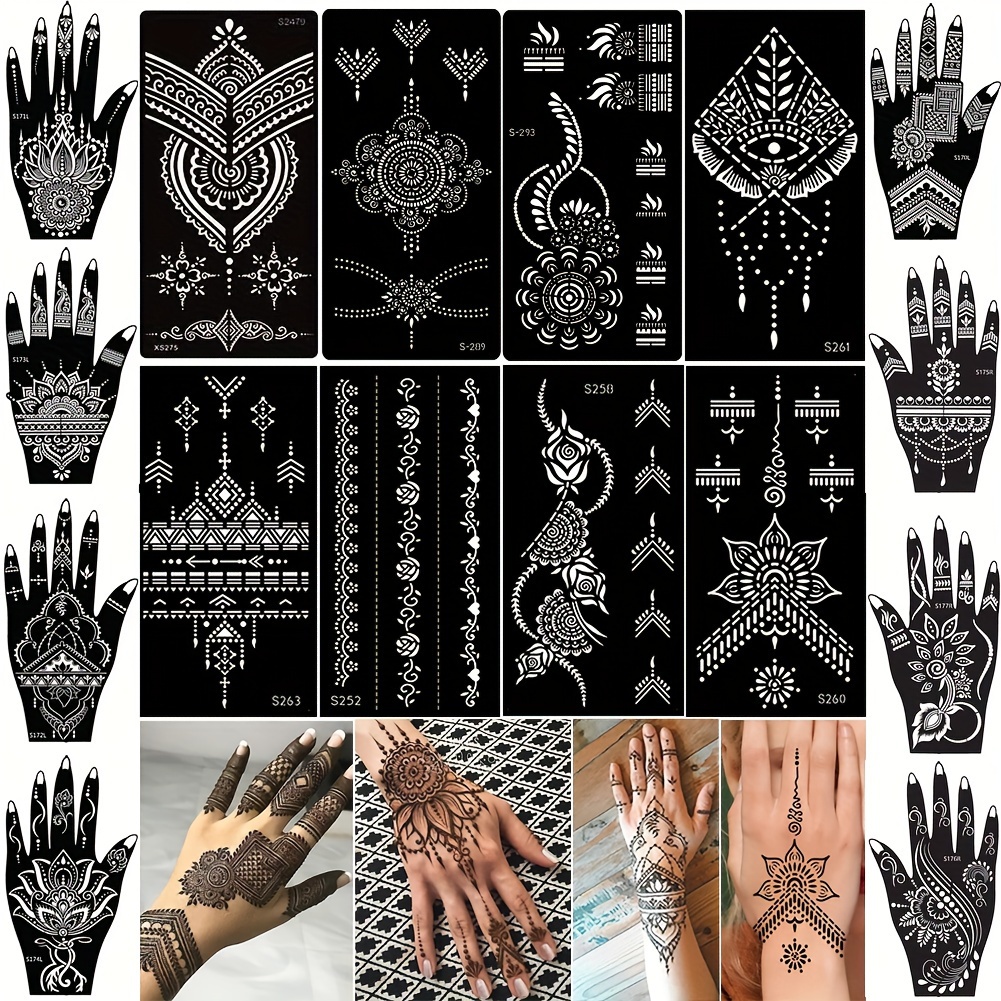 

16 Sheets Mixed Designs Temporary Henna Tattoos, S1s2-16p Collection, Waterproof Lasting Fake Tattoos Stickers For Hands, Body Art