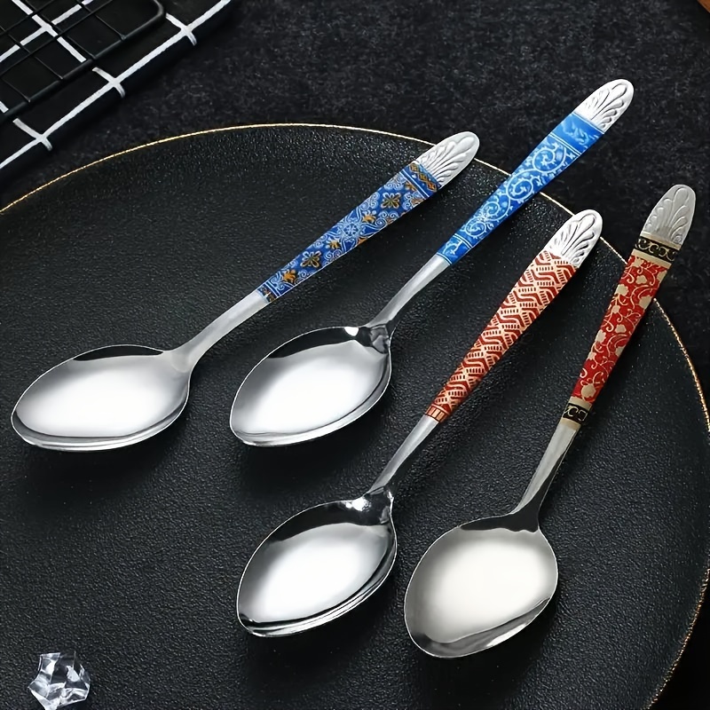 

10pcs Stainless Steel Soup Spoons With Vintage Print Design, Multicolor Elegant Tableware Set, Ideal Gift For Home And Hotel