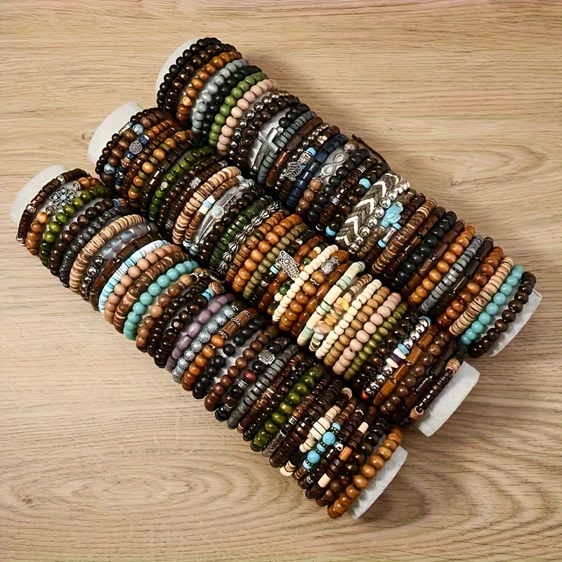 

72pcs Boho Wooden Bead Bracelet Set - Handcrafted, Stackable Stretch Design For Couples, Ideal Anniversary Gift, No Mosaic Material