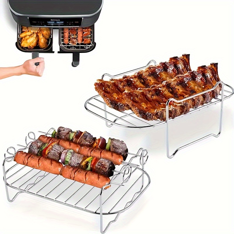 stainless steel air fryer rack with 4 skewers versatile indoor outdoor bbq grill accessory   kitchen dining barbecue cooking accessories kitchen tools details 2