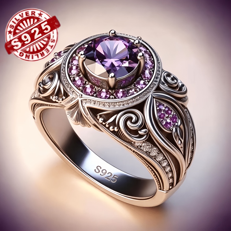 S925 Silver Retro Palace Style Purple Natural Stone Ring