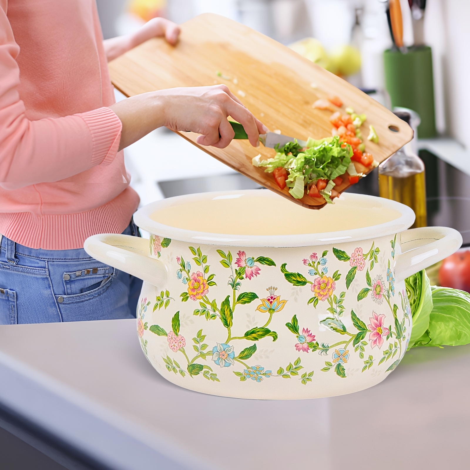 enamel floral soup pot with rolled edges suitable for   and induction cooker ideal for fresh cooking journey details 4