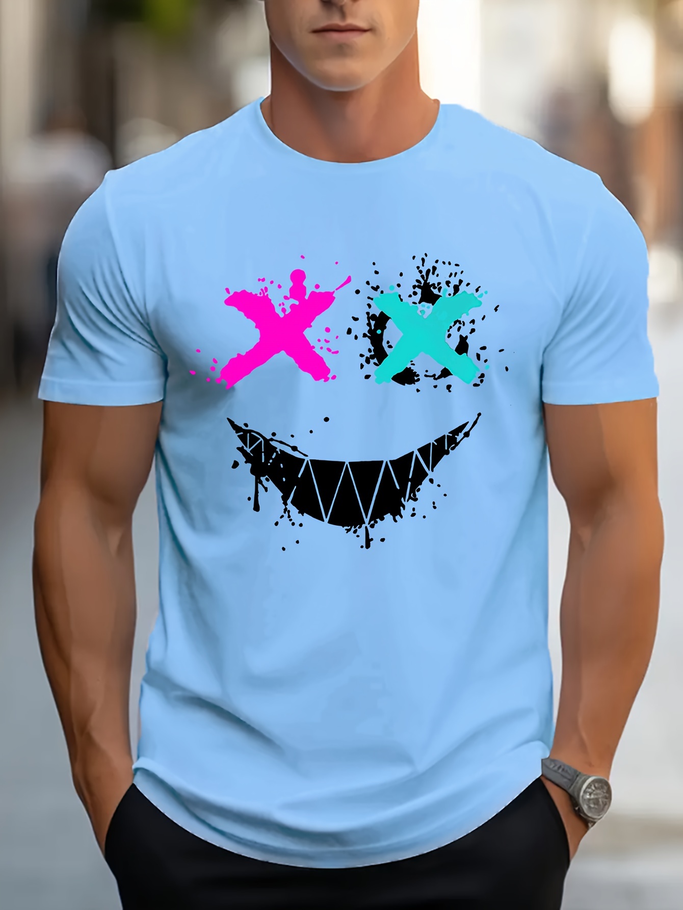 LHEURYSTIC Men's White Athletic T-Shirt with Neon Pink & Cyan Splatter Paint Design, X-Out Graphic & Black Splatter - Breathable Stretch Fabric, Round Neck Short Sleeve Gym Shirt for Workouts, Casual & Casual Attire - Machine Washable Regular Fit