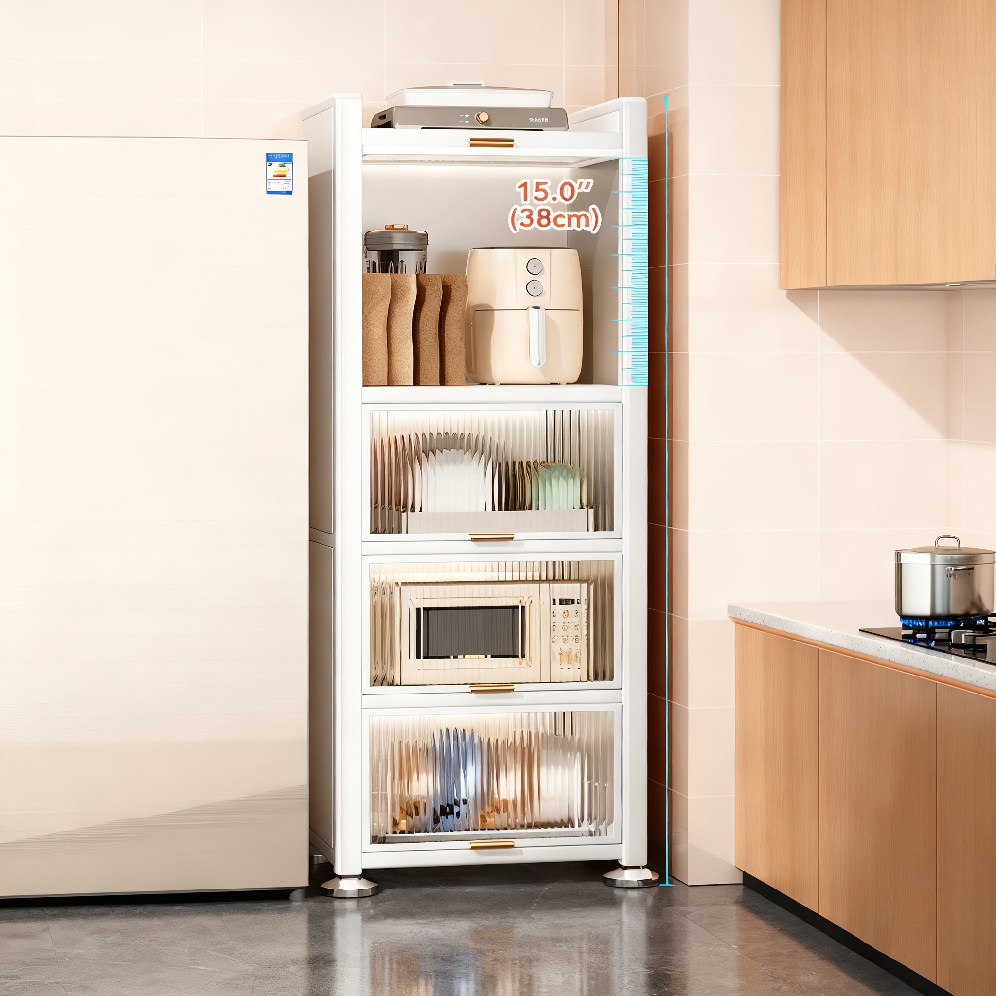 4-tier Carbon Steel Narrow Kitchen Cabinet With Flip-up Doors, Gray, 19.7 X 14.2 X 60.6", White