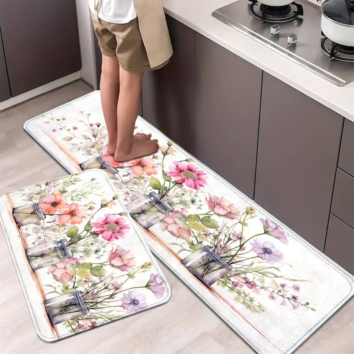 

Floral Non-slip Kitchen & Bathroom Mats - , Machine Washable Runner Rugs For Home, Office, Laundry - Comfortable Standing Pads In Sizes