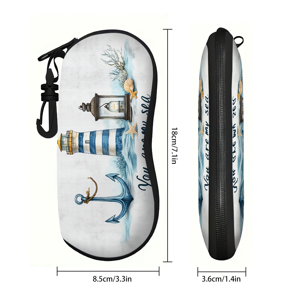 1pc Women's Soft Zipper Eyeglass Bag With Portable Clip - Nautical Featuring Lighthouse, Seashells & Starfish, Durable Fabric For,, Everyday Use, Eyewear Storage, Accessory, Sturdy Clip Attachment