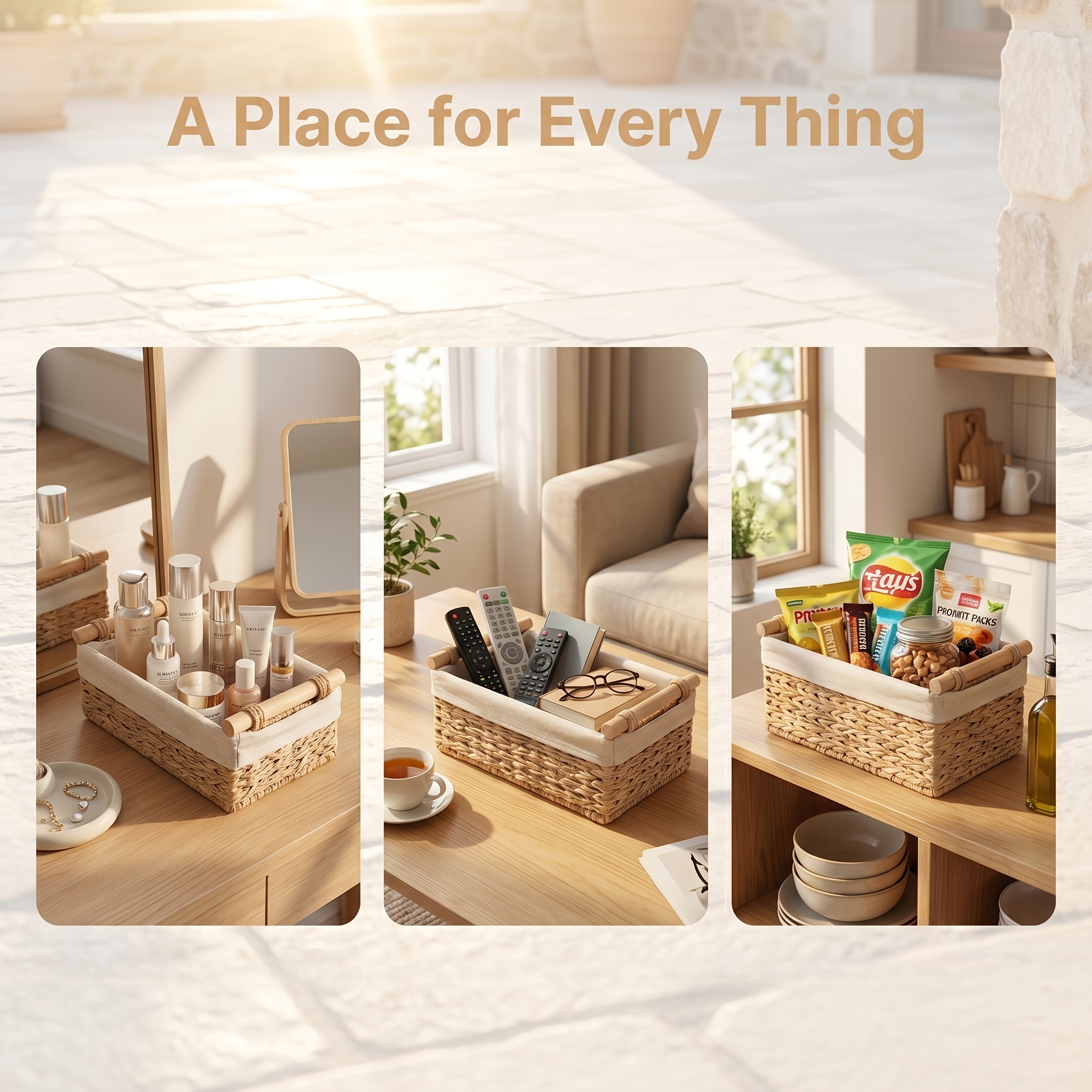 2pcs Handmade Paper Rope Woven Storage Basket with Wooden Handle - Portable Snack Organizer for Bathroom, Kitchen Shelf and Countertop, Decorative Basket for Home Storage and Organization, Shelf Baskets
