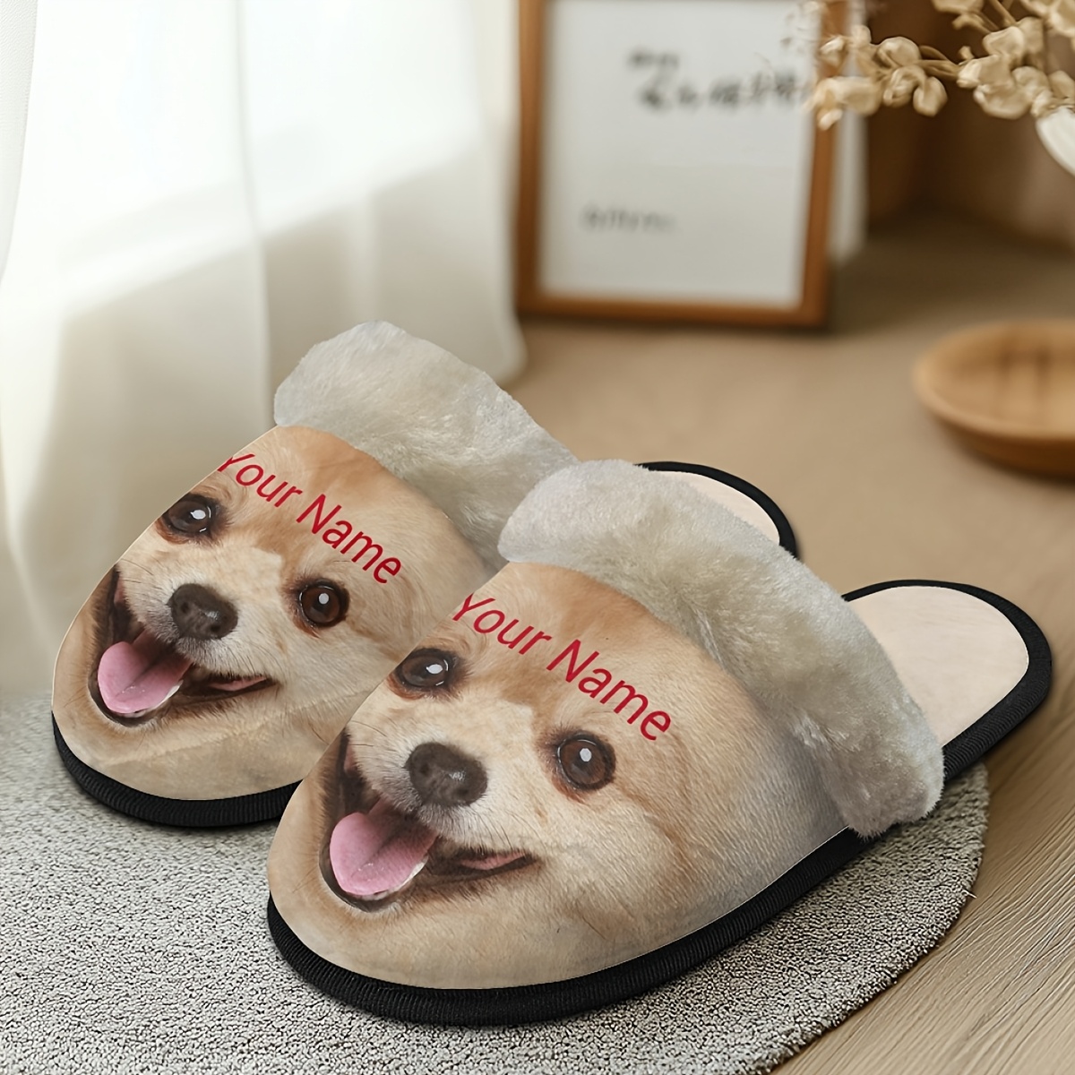 Pair Pomeranian Dog Print Customizable Slippers for Women Personalized  Name, Soft Plush Flannel Upper, EVA Sole, Fabric Inner Insole, Hand - Main Image