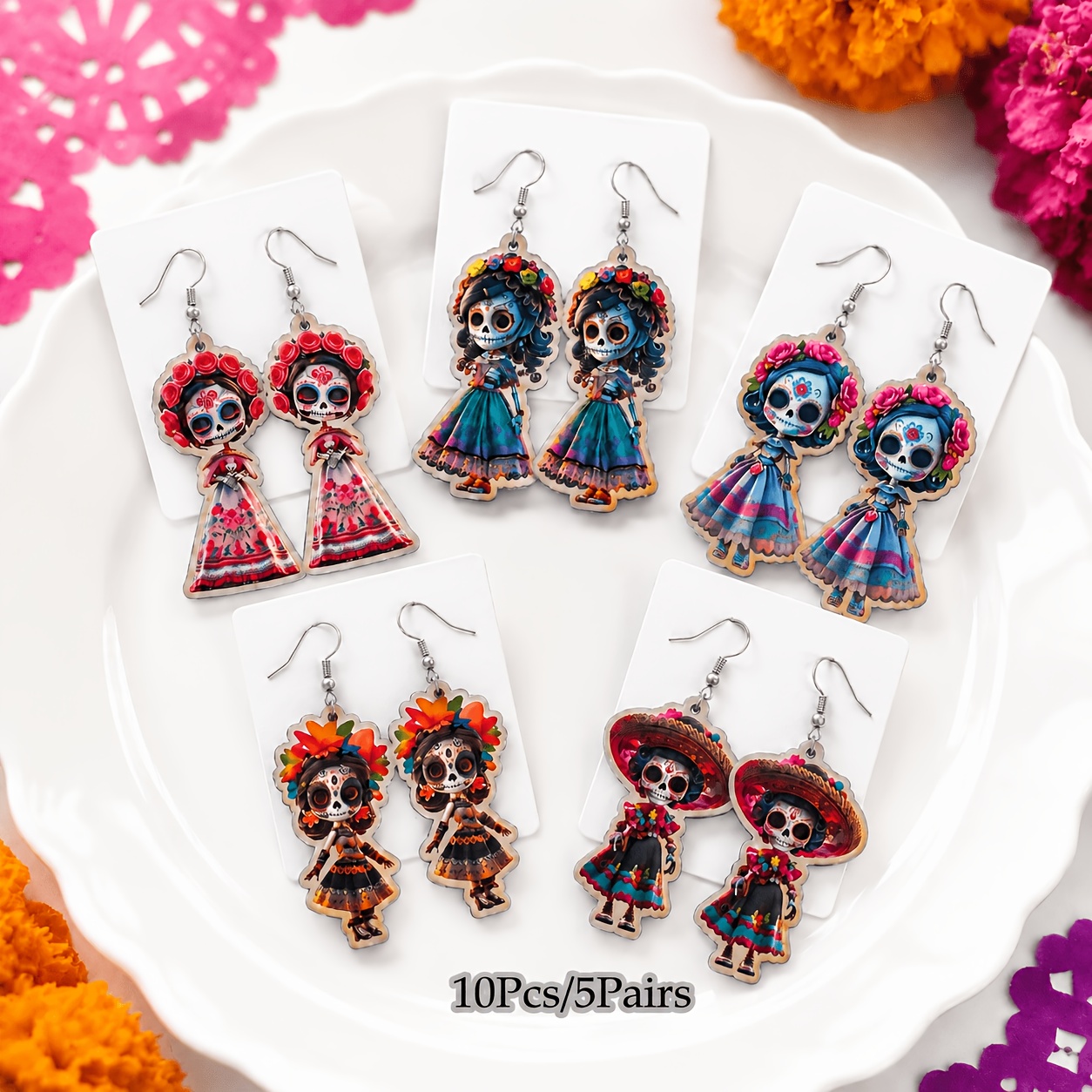 TEMU 10 piezas/5 de aretes acrílicos para de Muertos y Halloween, juego de aretes con colgante de muñeca de calavera, estilo femenino, joyería de ,