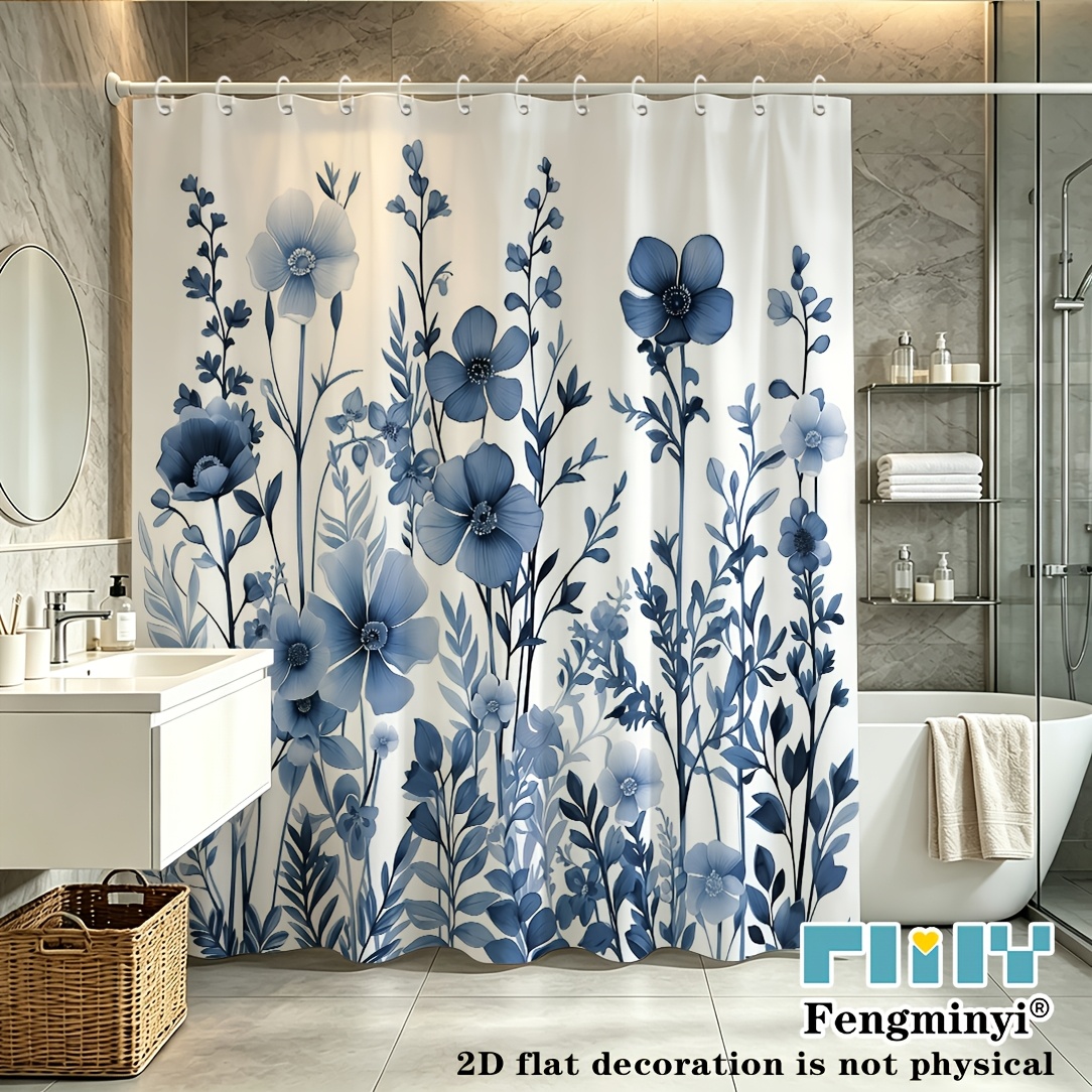 TEMU Rideau de douche/bain 1pc Bleu et blanc Aquarelle , Tissu en polyester avec crochets, Décoration de salle de bain tendance, 70X70 pouces