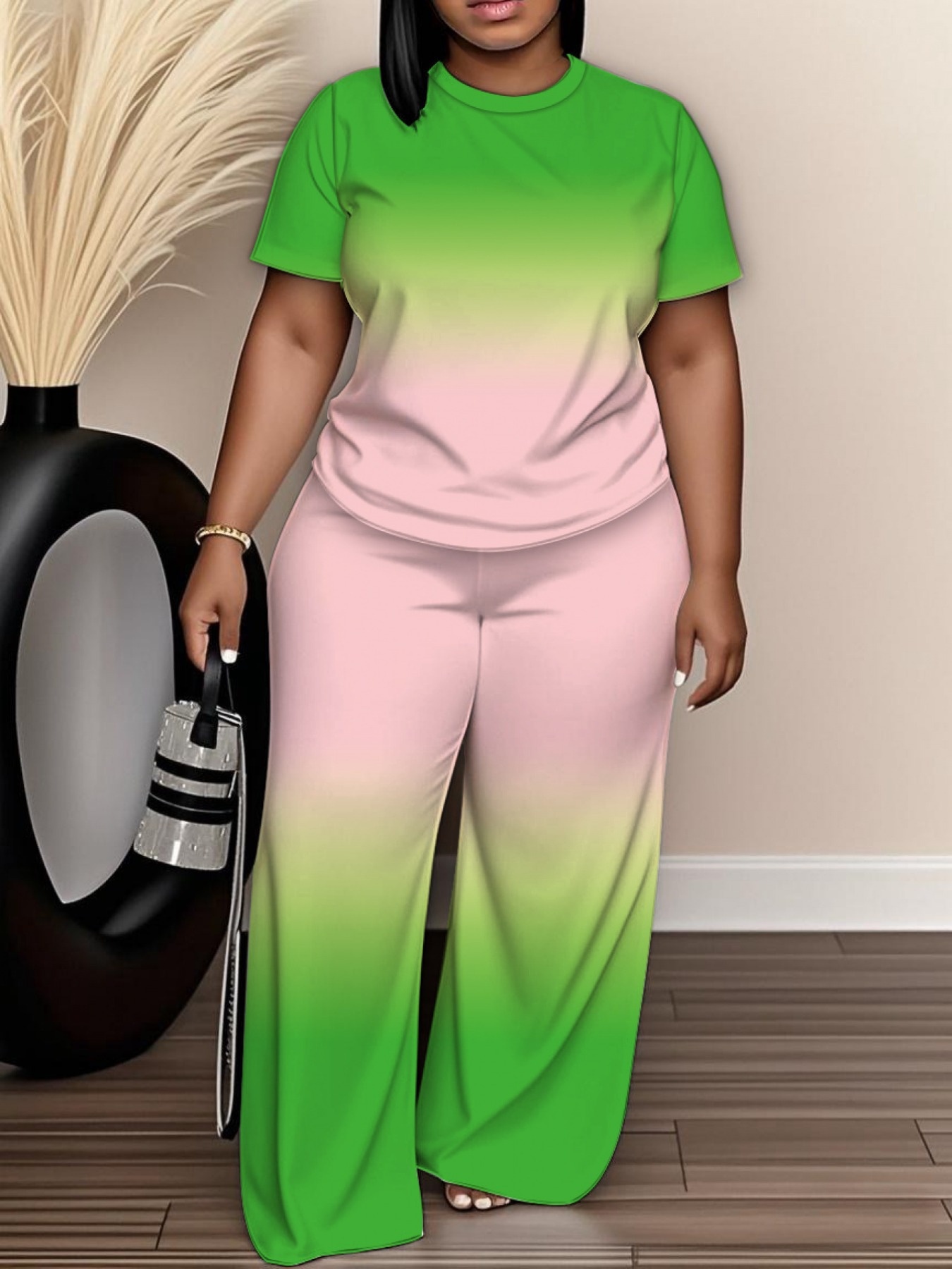 2026 Spring-Summer New Gradient Color Two-Piece Short-Sleeve Top And Wide-Leg Pants, Casual And Fashionable Outfit, Holiday Gift Four Seasons