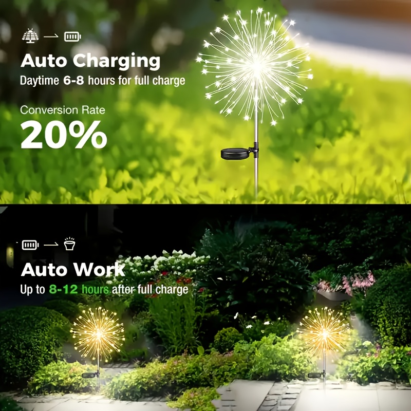 FACHOI 60/200 LED Solar de Exterior con Sensor y Regulable, Fuegos Artificiales Blanco Cálido, Adecuado para Iluminación de Jardín, Patio, Césped, Terraza, Camino, Fácil Instalación, 8 Modos, para Decoración de Villa
