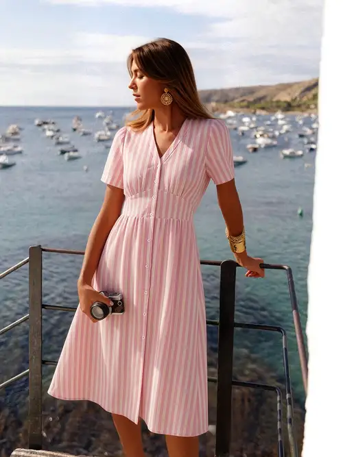 casual pink dress women Short Ruffled Pink Floral Casual Summer Dress Pink Floral / Medium