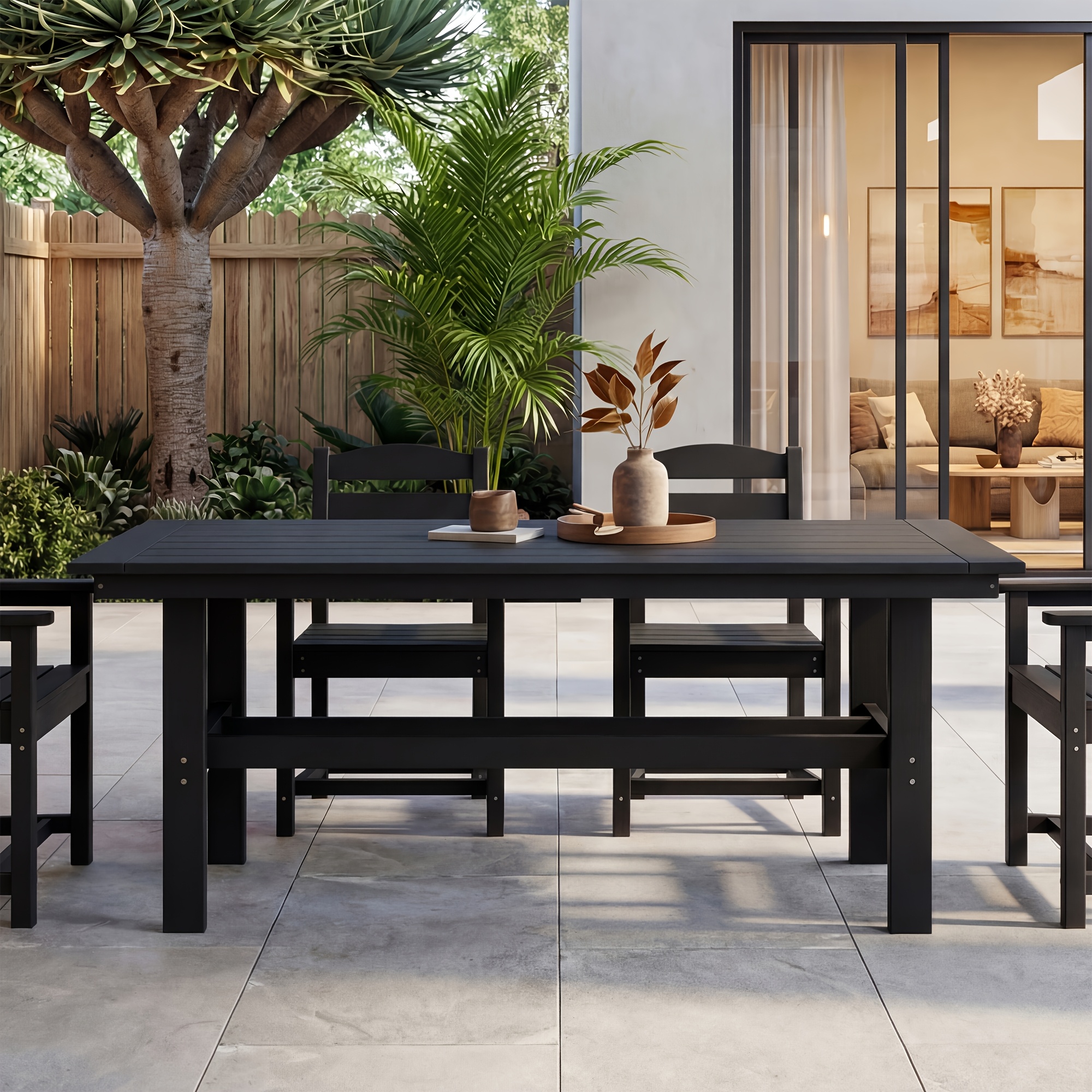Modern Outdoor Dining Table for 6-Person Rectangle Indoor Outdoor Table with Umbrella Hole & Wood-Like Surface, Weather-Resistant Outside Dining Table for Patio Lawn Garden Backyard, 32.7