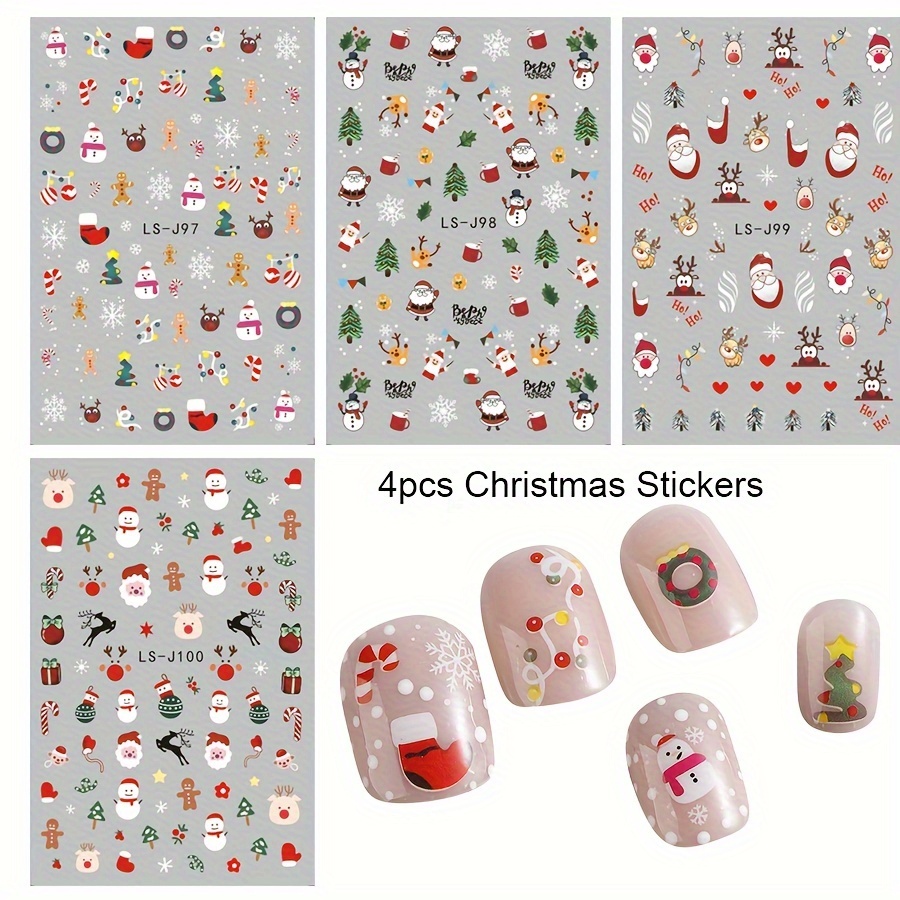Image of 4pcs Christmas Nail Stickers, Cartoon Santa Claus, Christmas Tree Holiday Gift, Back Glue Nail Stickers Ls-j97-100