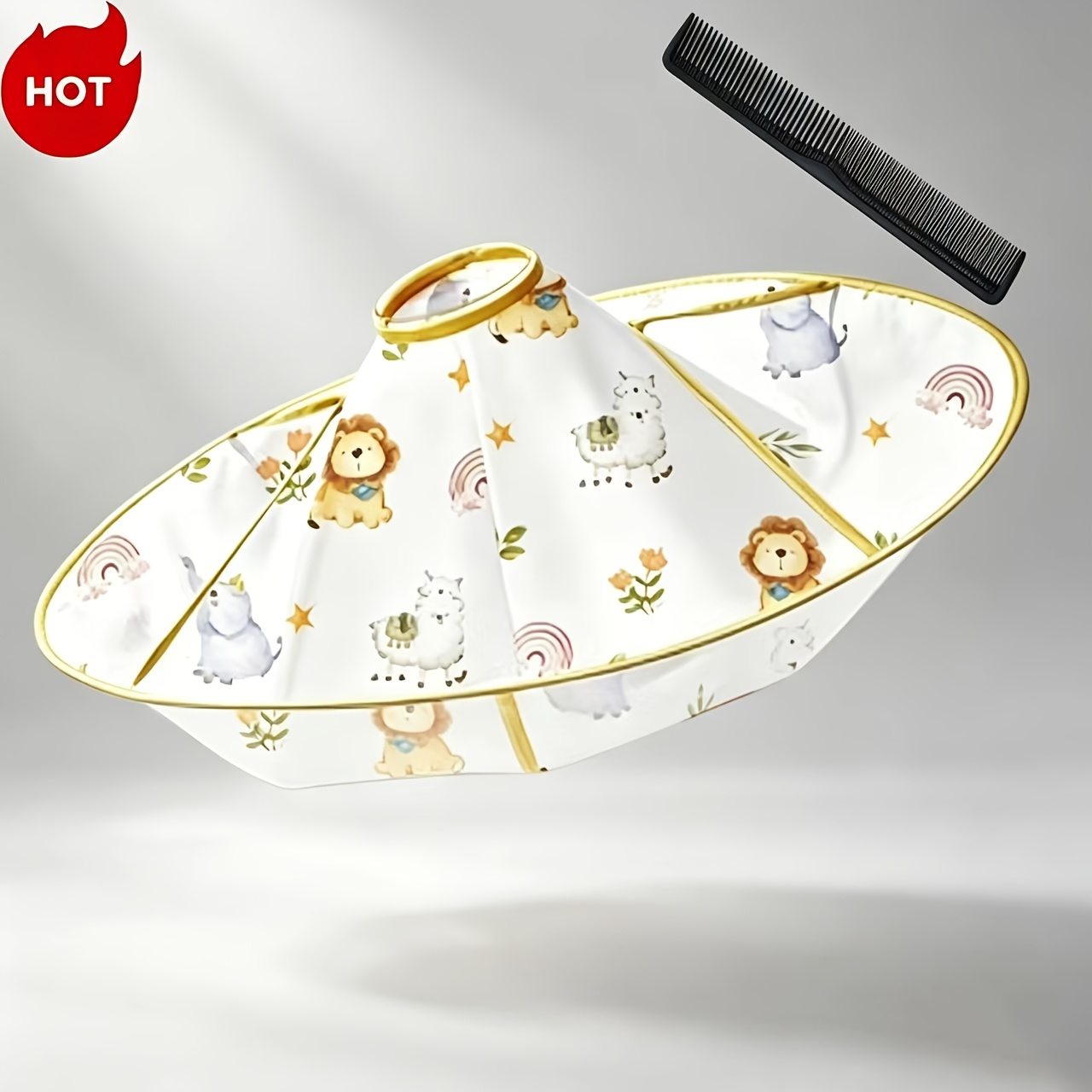 TEMU Ensemble peigne noir et blouse de coiffeur pliable pour coupe de cheveux, avec un adorable motif de lion et d'. Durable et légère, cette blouse