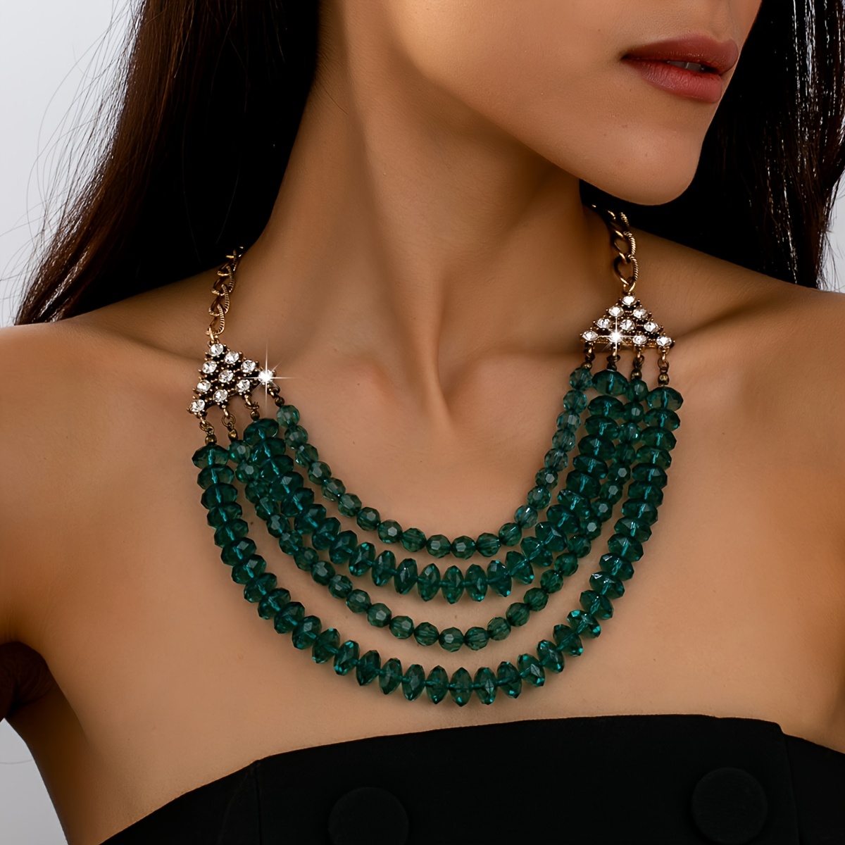 E-shop Ein Set Bling Bling Funkelnde Elegante Luxus Mehrschichtige Perlen-Lätzchen-Halskette für Damen Geburtstag Dating Abschlussball Hochzeitsfeier