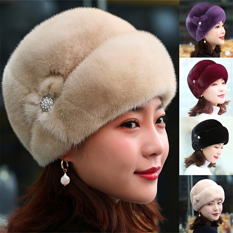 

Elegant Fur Beret For Women - Warm, Stylish Winter Hat With Rhinestone Accent, Machine Washable, Christmas