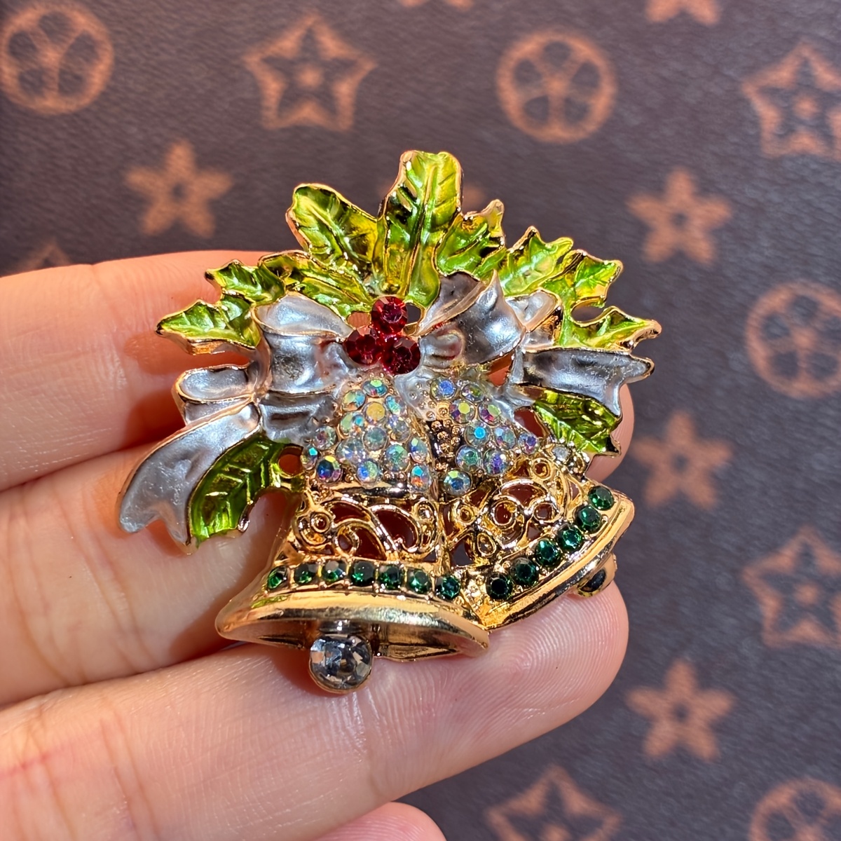 Sparkly Green Christmas Bell Brooch, Retro Pin