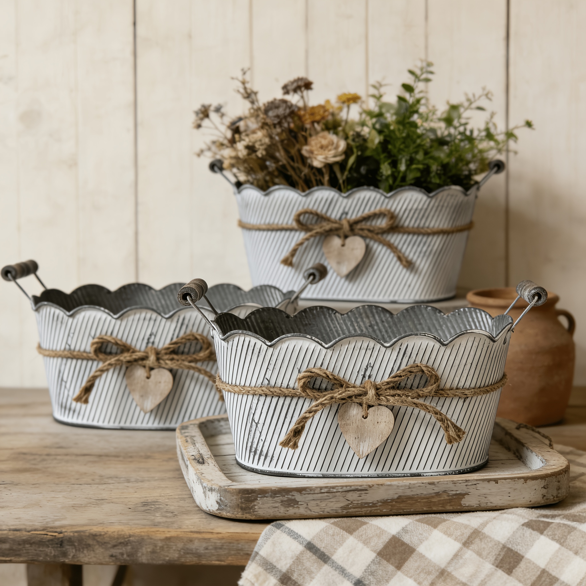 E-shop Set mit 3 Wasser-gewaschenen weißen, gewellten Blumenkästen aus Schmiedeeisen im Retro-Look, verfremdet, für den Garten, als Geschenk für den