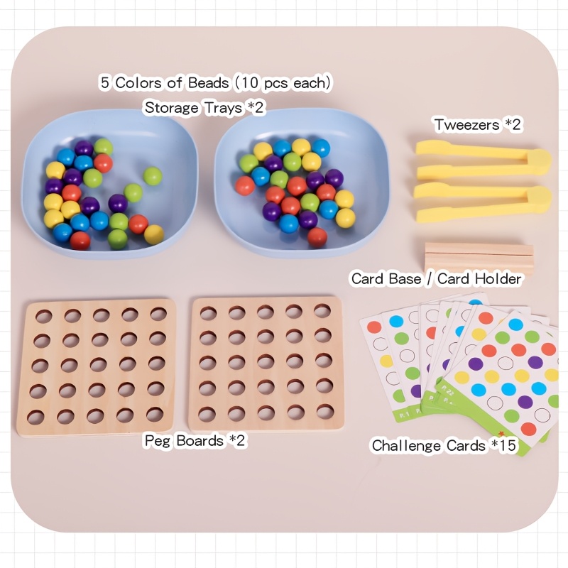 TEMU Bead Toss Game, 2 Bowls, 2 Game Boards, 2 Tongs, 1 Card Slot, 15 Cards, 50 Beads, Develops Children's Fine Motor Skills, Two-player Parent-child