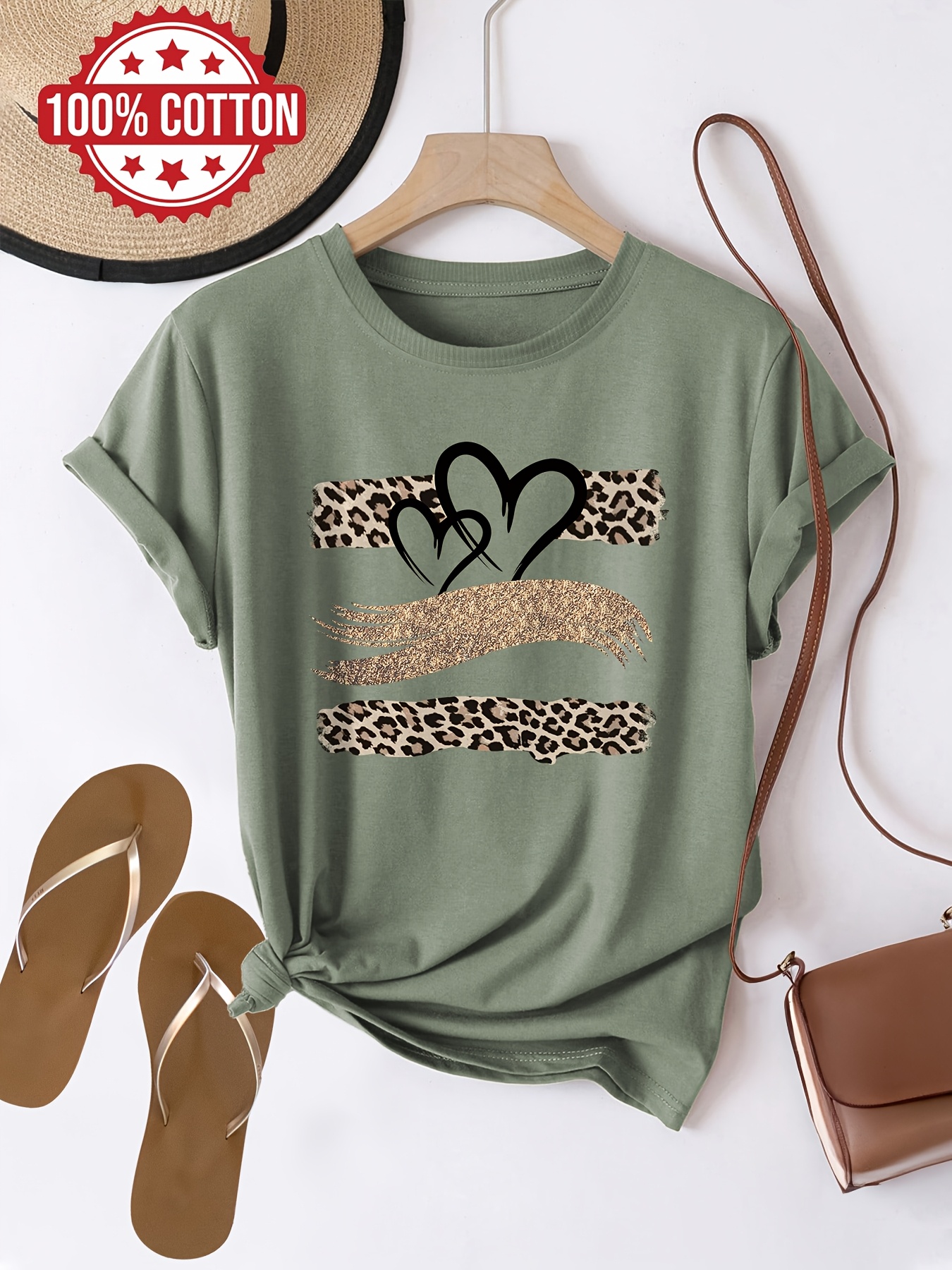 Women'S Casual Leopard Print T-Shirt with Heart & Stars Design, Short Sleeve Crew Neck, Brown & Black Animal Print, Perfect for Summer Outfits, Casual Summer Wear | Playful Print Tee | Smooth Texture Shirt