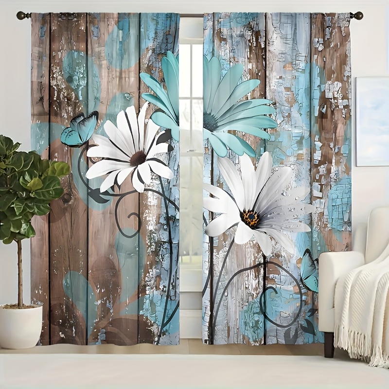 TEMU 2pcs Vintage Wooden Board Floral Curtains, 3d Hd Art Print, Living Room Bedroom Study Decor, Shade Drapes, Nostalgic Cozy Atmosphere, Building Artistic Comfortable Space