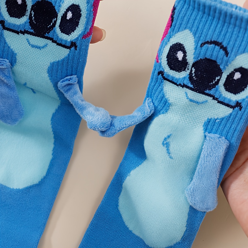 Meias Disney 1/2 Pares Stitch Mão a Mão Rosa Azul Contraste Meias de Casal Cartoon Respiráveis Versáteis Moda Confortável Unissex Jovens