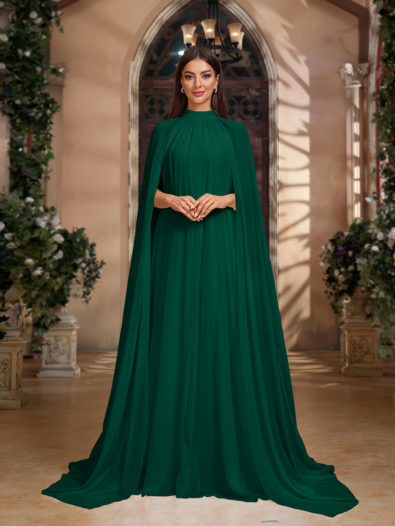green cape dress Aisha maxi green cape dress with beading and crystal stone shoulder embellishment 14 (US) main image 0