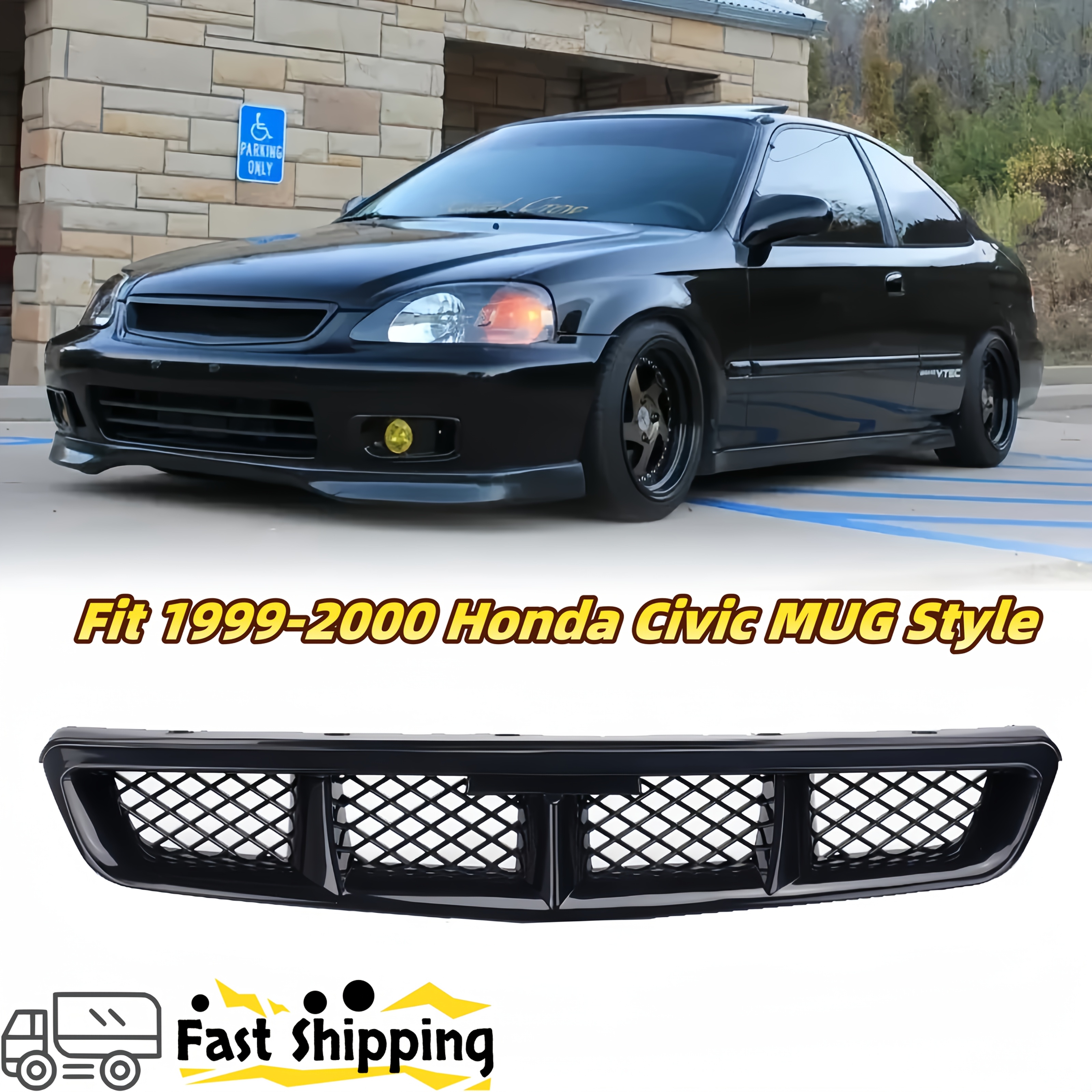 Black Mesh Front Hood Grille For 1999-2000 Honda Civic - Type-R Style