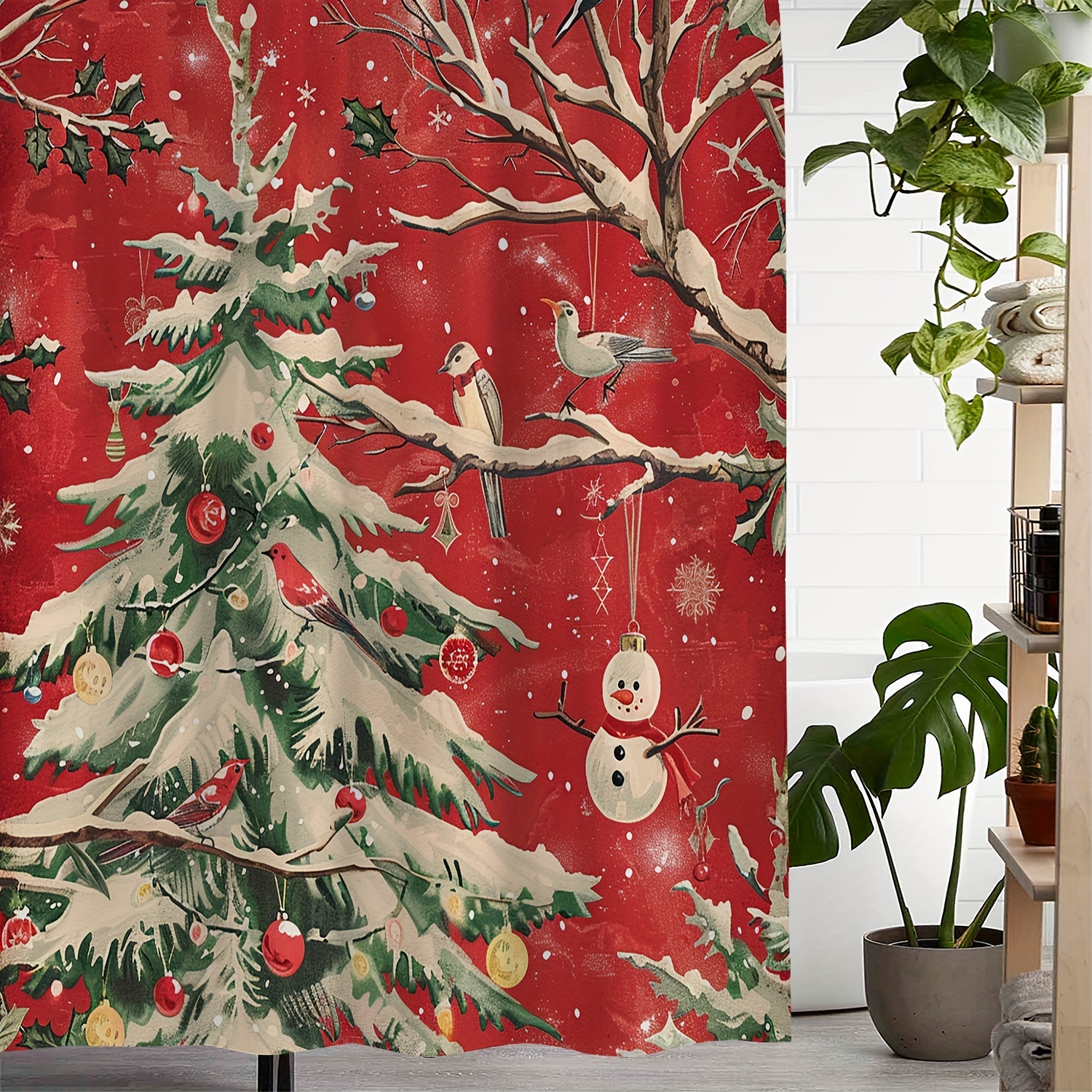 

Retro Christmas Tree Branch Bird Snowman Christmas Tree Waterproof Shower Curtain, Curtain With 12 Hooks Curtain For Windows