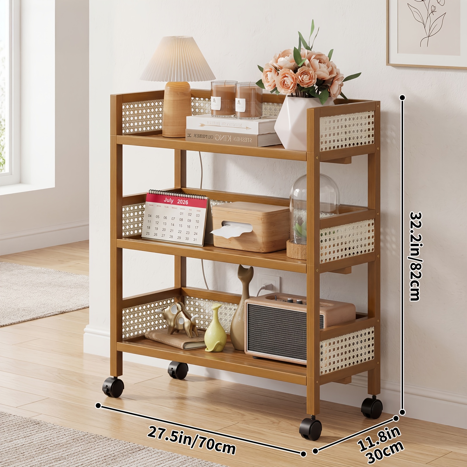 Image of 3-tier Wooden Rolling Cart With Wheels, Elegant Rattan Style Storage Trolley, Organizer For Kitchen Counter, Coffee Bar, Bathroom And Home Use, 35/50/70cm Options, Standing Shelf, Standing Shelf