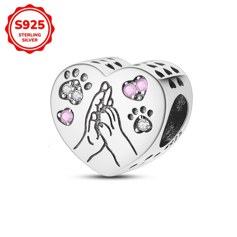 

1pc S925 Sterling Silver Heart-shaped Charm With Paw Print & Pink Accents, Diy Love Design, Fits Original Bracelets, Birthday, Wedding, Ramadan Jewelry Gift For Women, 3g