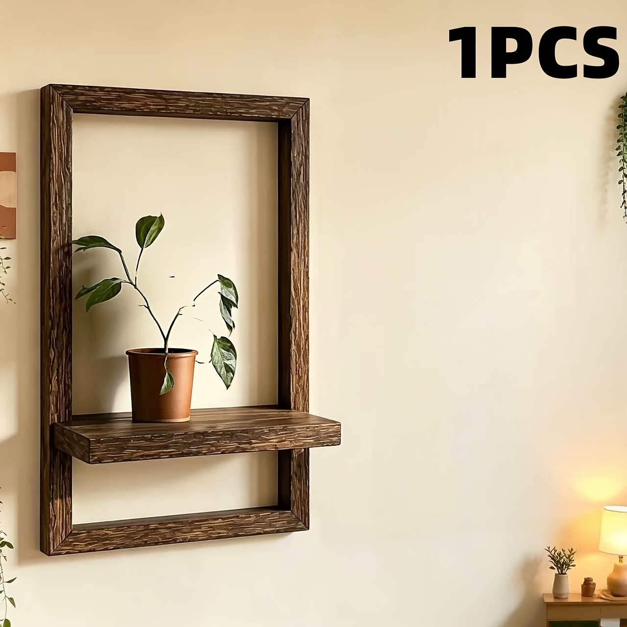 TEMU 1pc Bohemian Rustic Square Wooden Wall Shelf, Suitable For Candles, Potted Plants, Living Room Decor