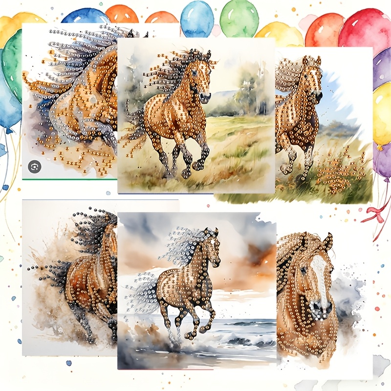 TEMU 6pcs Diy Diamond Painting Greeting Card & Envelope Set - Horse Mosaic Art Suitable For Birthdays, Holidays, Handmade Round Diamond Cards -themed
