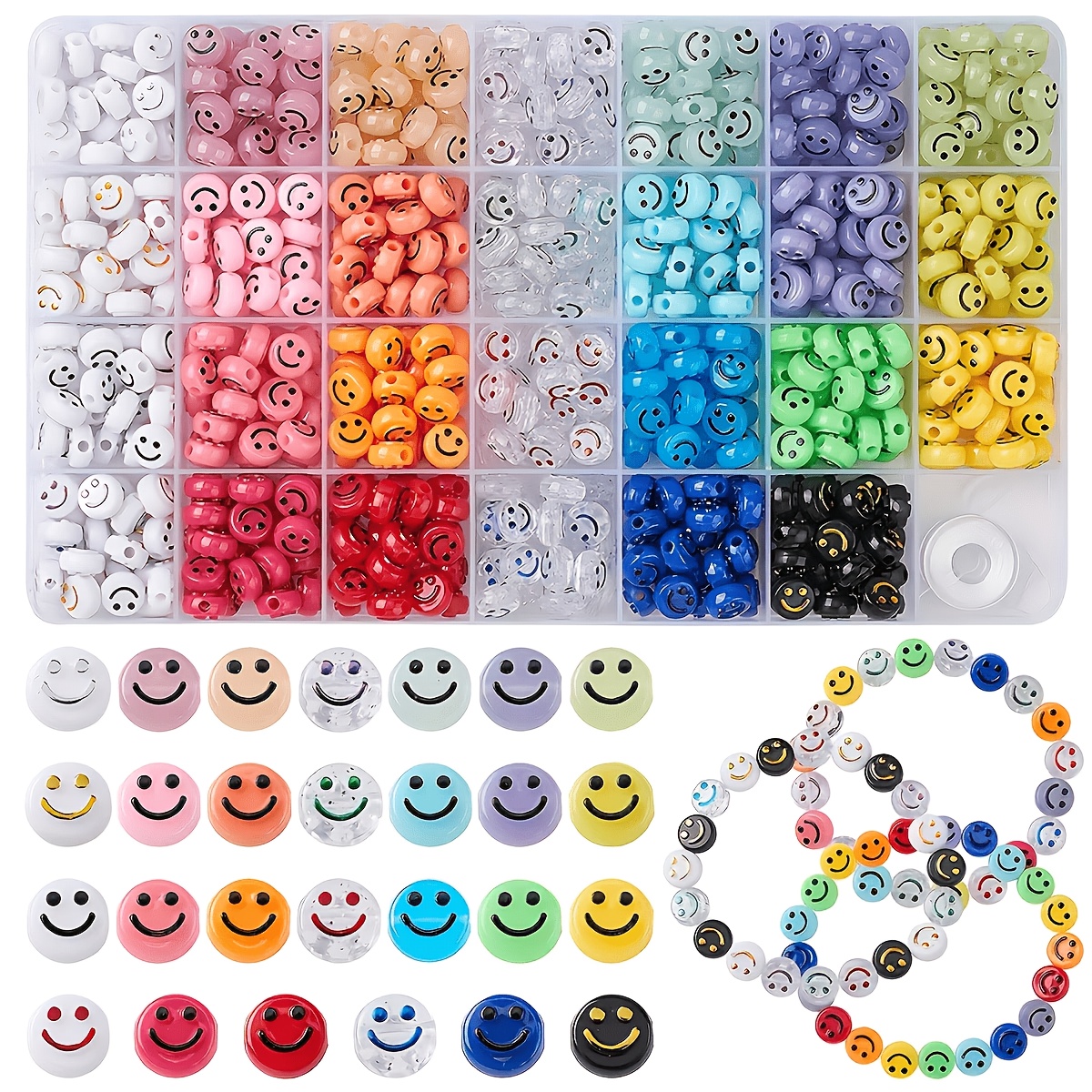 TEMU Lot de 980 perles acryliques à visage joyeux, perles rondes en plastique tendance avec une grande boîte de rangement incluse, kit de fabrication